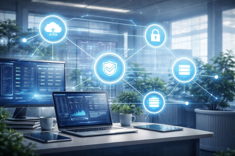 Managed IT services dashboard showing security monitoring and compliance controls for financial institutions