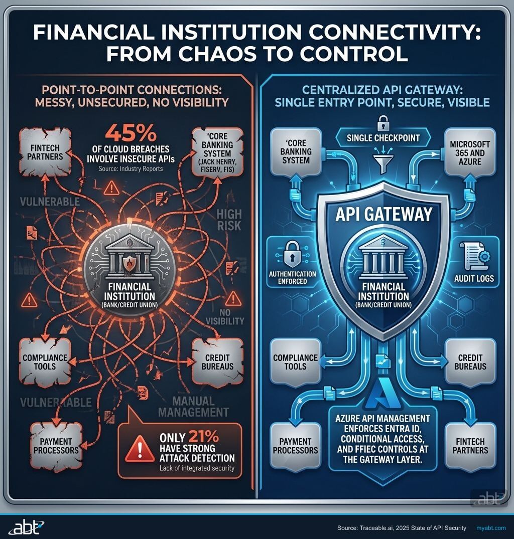 API gateway architecture for financial institutions showing centralized security and integration management
