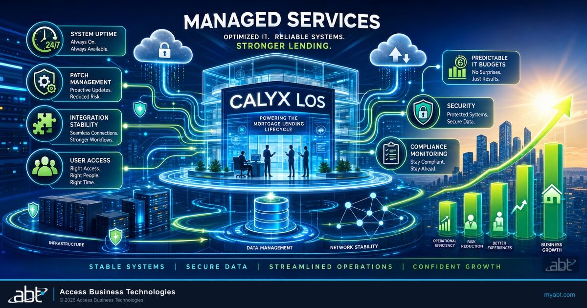 Microsoft-branded hero image for ABT blog article: Better Lending Starts with Smarter IT: Why Calyx + Managed Services Is the Power Combo You Didn't Know You Needed. Banks, credit unions, and mortgage companies.