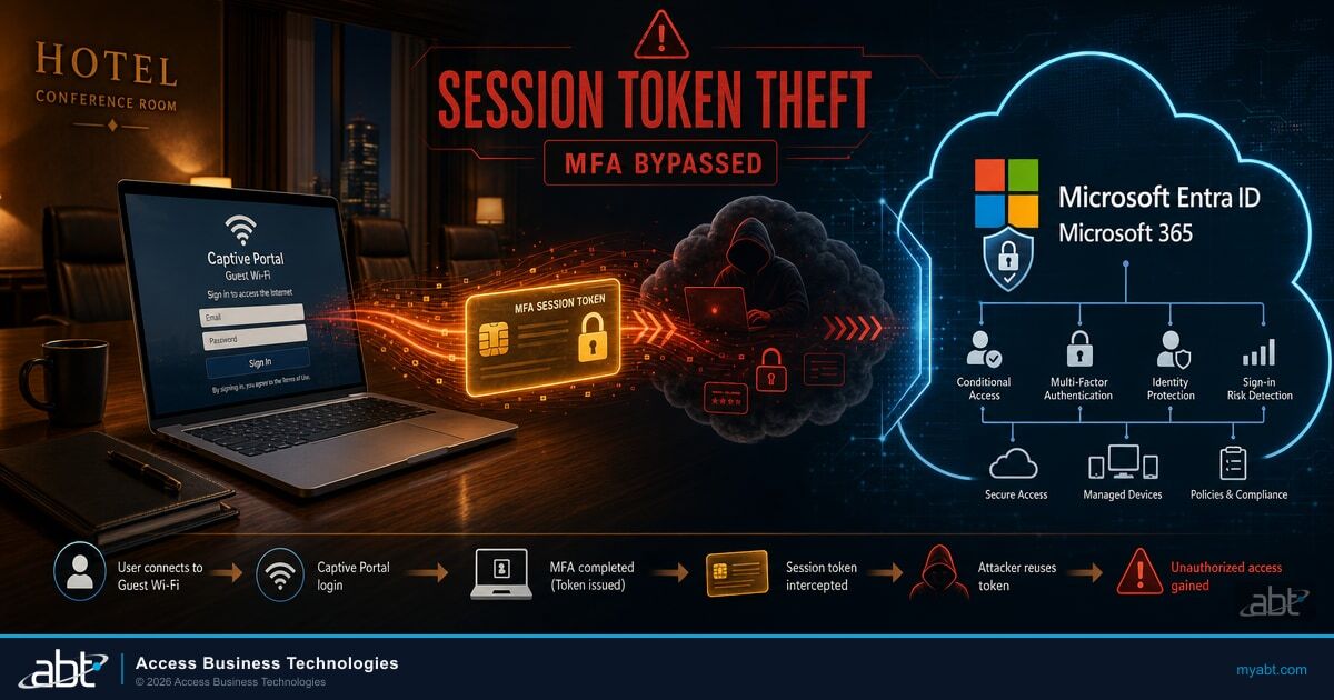 Hotel conference room laptop showing a captive portal sign-in, with a stolen Microsoft 365 session token flowing to an attacker past Microsoft Entra ID controls