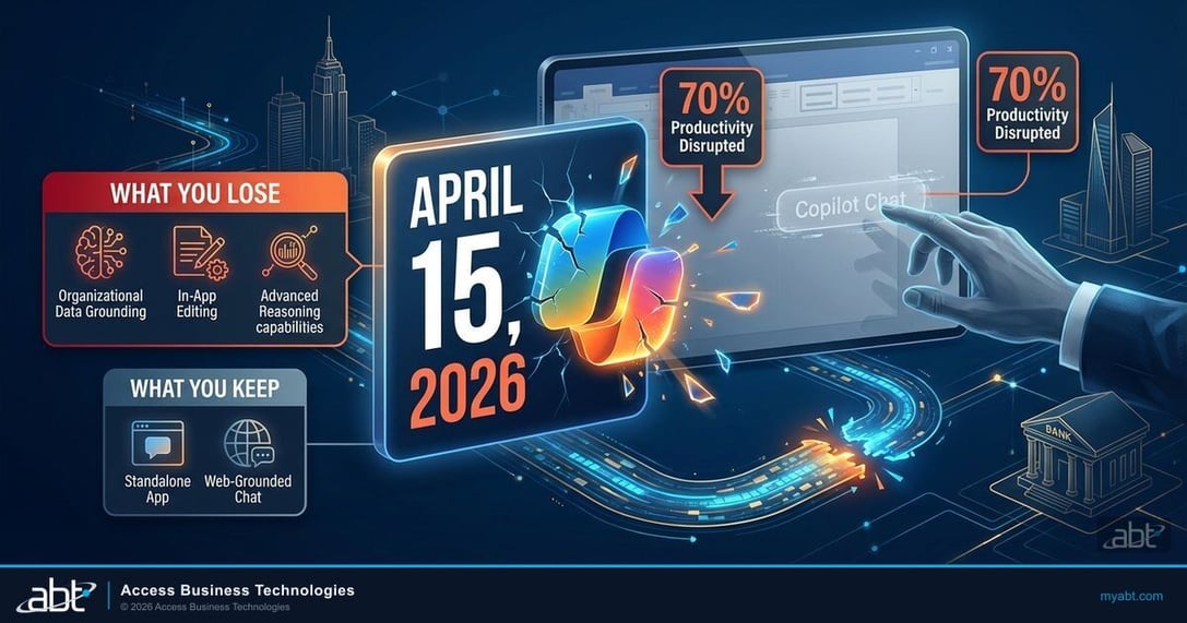 April 15 Copilot Chat changes showing what financial institutions lose and keep when Microsoft removes in-app Copilot access