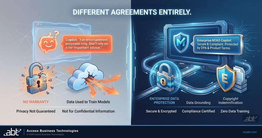 Consumer Copilot entertainment disclaimer vs enterprise M365 Copilot data protection comparison