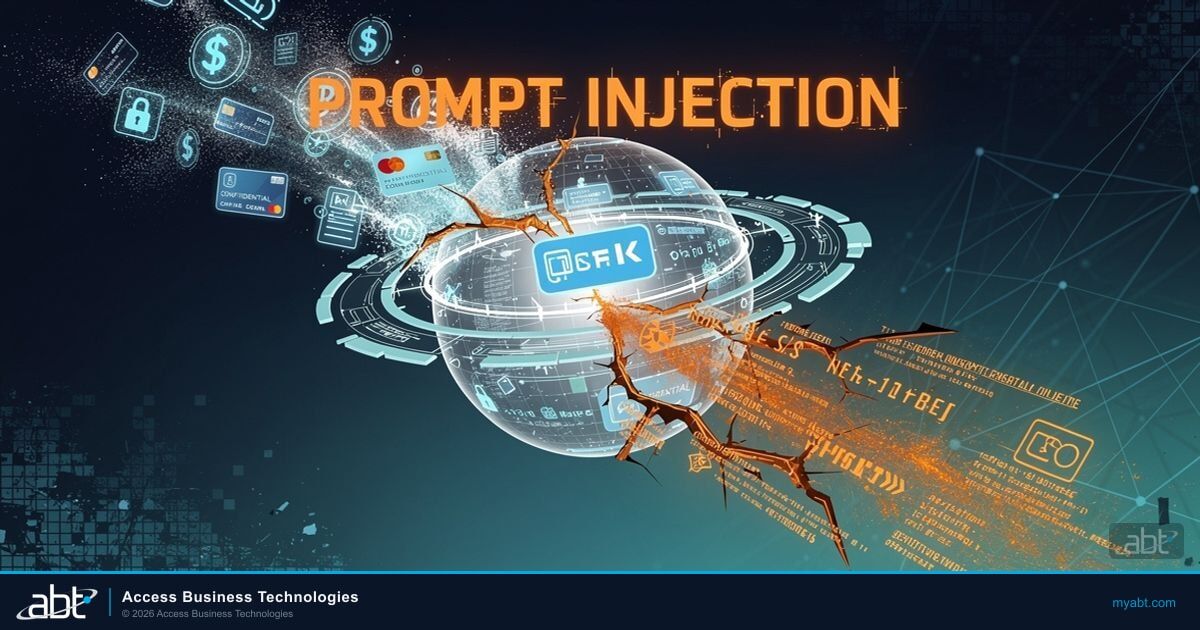 Microsoft Copilot prompt injection attack concept showing AI security warning with data exfiltration risk for financial institutions using M365