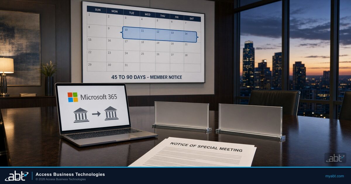 A financial institution boardroom at dusk with a wall calendar marking a highlighted span labelled 45 to 90 days member notice, a laptop displaying the Microsoft 365 logo above two bank building icons joined by a merge arrow, two blank unbranded nameplate holders, and a printed Notice of Special Meeting on the table
