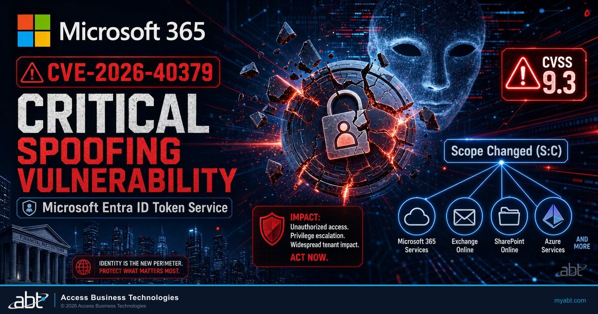 Critical Microsoft Entra ID token service spoofing vulnerability illustration showing the Microsoft Enterprise Security Token Service (ESTS) issuing authentication tokens for Microsoft 365 and Microsoft Azure resources, with the Microsoft 4-square logo prominently displayed and a CVSS 9.3 critical badge.
