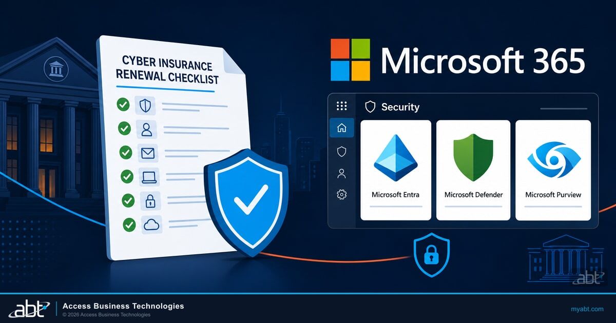 Cyber insurance renewal checklist mapped to a Microsoft 365 security panel showing Microsoft Entra, Microsoft Defender, and Microsoft Purview.