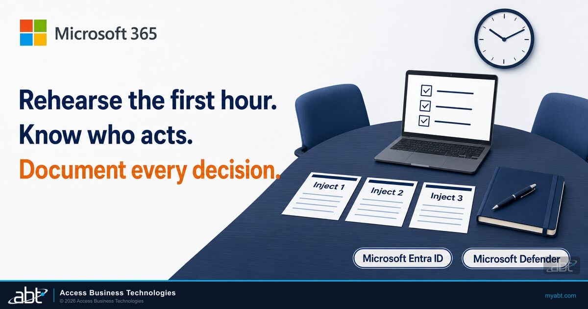 Microsoft 365 cybersecurity tabletop exercise for financial institutions: three inject cards, a laptop checklist, and a wall clock beside the lines Rehearse the first hour, Know who acts, Document every decision