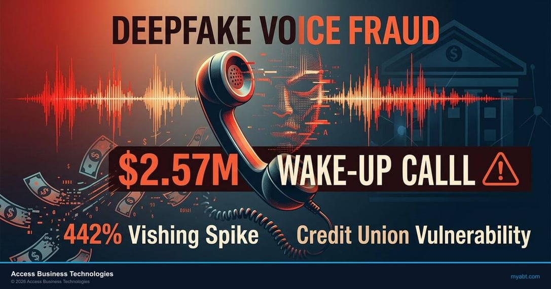 Deepfake voice fraud targeting credit unions illustration showing AI-generated voice waves attacking a phone system
