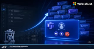 Split scene showing a dimmed email inbox on the left and a bright Microsoft Teams incoming call notification on the right, with Microsoft 365 branding