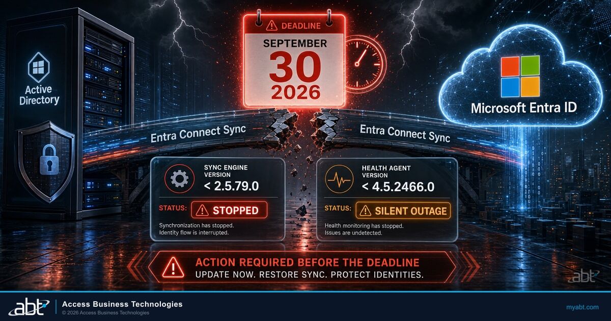 Microsoft Entra Connect Sync bridge between Active Directory and Microsoft Entra ID breaking at the September 30 2026 deadline, with sync engine and health agent version panels