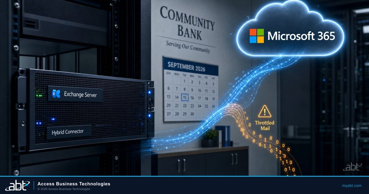 A single on-premises Exchange server in a community bank server room relaying mail to the Microsoft 365 cloud, with a Microsoft 365 logo and a September 2026 calendar marking the date Exchange Online raised the oldest allowed Exchange Server version