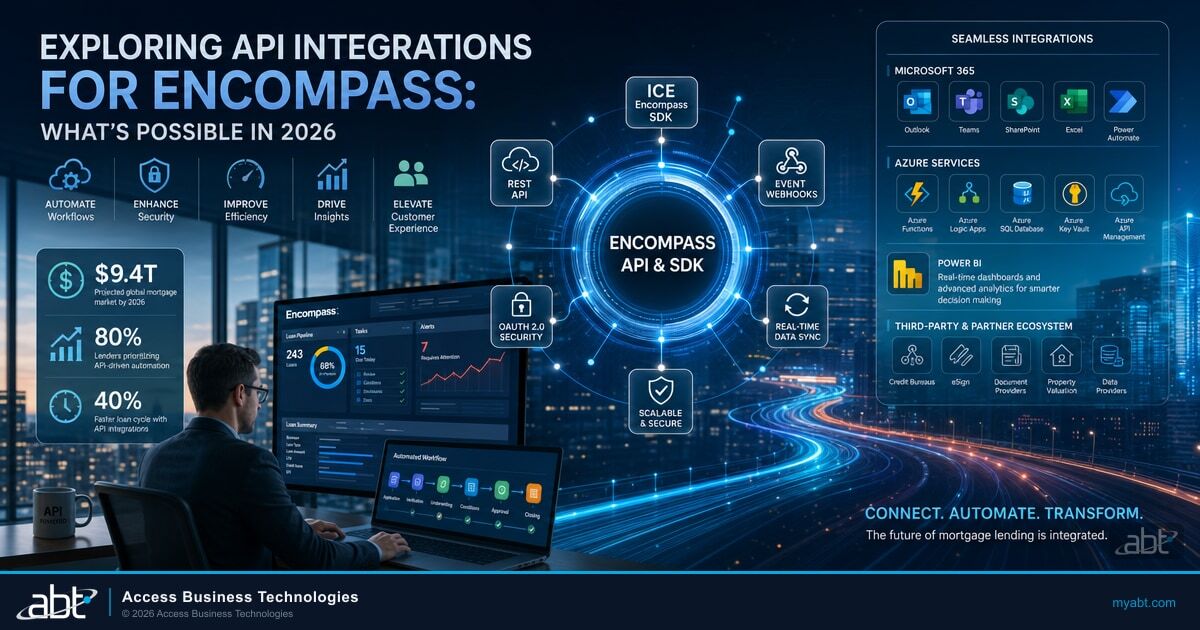 Encompass API integration architecture diagram connecting the ICE loan origination system to CRM, compliance, document, and Microsoft 365 systems via Developer Connect and Partner Connect REST APIs