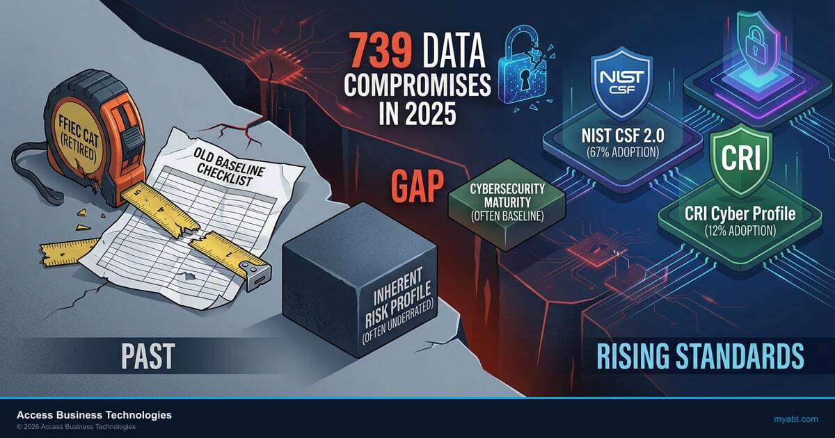 FFIEC cybersecurity assessment preparation desk with laptop security dashboard and FFIEC handbook