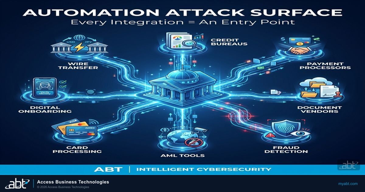 Diagram showing how financial institution automation creates attack surface: a central bank connected by API lines to eight vendor nodes including credit bureaus, payment processors, document vendors, fraud detection, AML tools, card processing, digital onboarding, and wire transfer