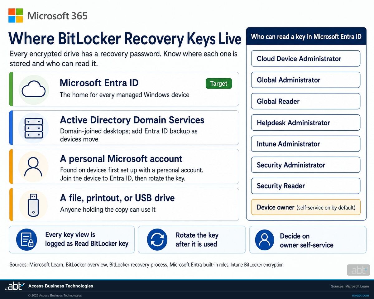 Microsoft 365 infographic: where BitLocker recovery keys live (Microsoft Entra ID, Active Directory, a personal Microsoft account, a file or USB drive) and the Entra ID roles that can read them