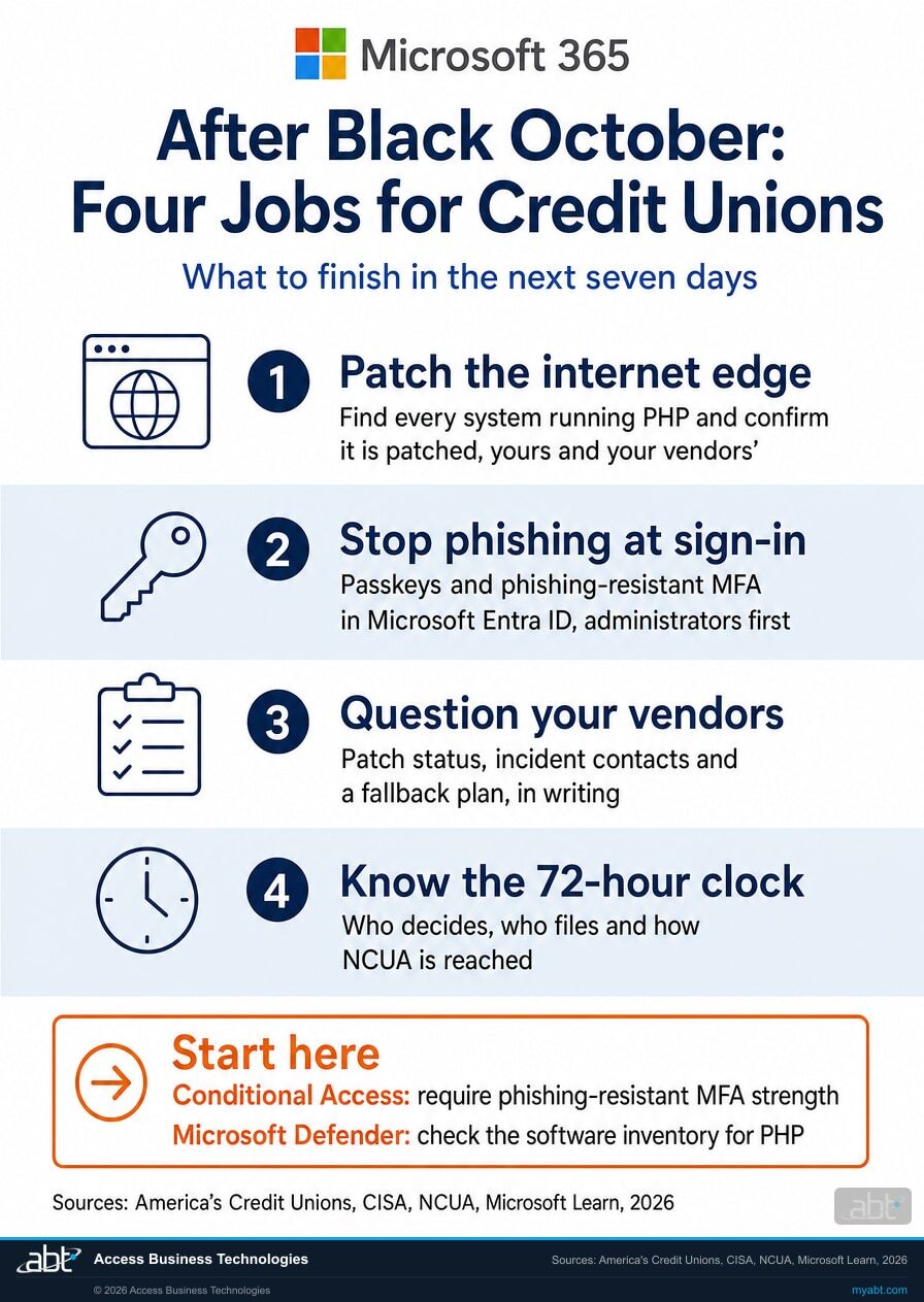 Microsoft 365 infographic of four steps a credit union can take after Black October: patch internet-facing PHP, require phishing-resistant MFA in Microsoft Entra ID, ask vendors about exposure, and know the NCUA 72-hour reporting clock