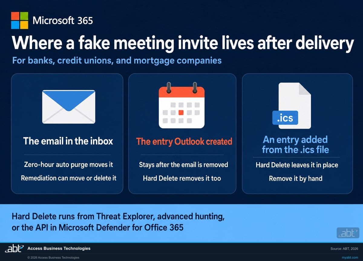 Microsoft 365 infographic: where a fake meeting invite lives after delivery. Zero-hour auto purge or remediation handles the email, a Hard Delete in Microsoft Defender for Office 365 also removes the calendar entry Outlook created, and an entry a user added from the .ics file needs a manual delete.