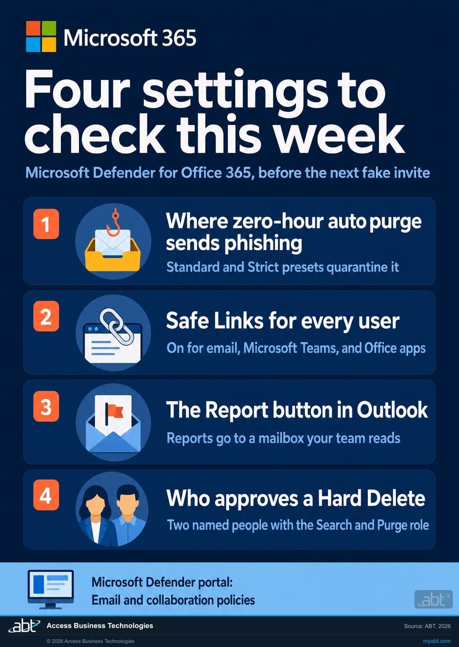 Microsoft 365 infographic: four Microsoft Defender for Office 365 settings to check this week: where zero-hour auto purge sends phishing, Safe Links for every user, the Report button in Outlook, and who approves a Hard Delete.