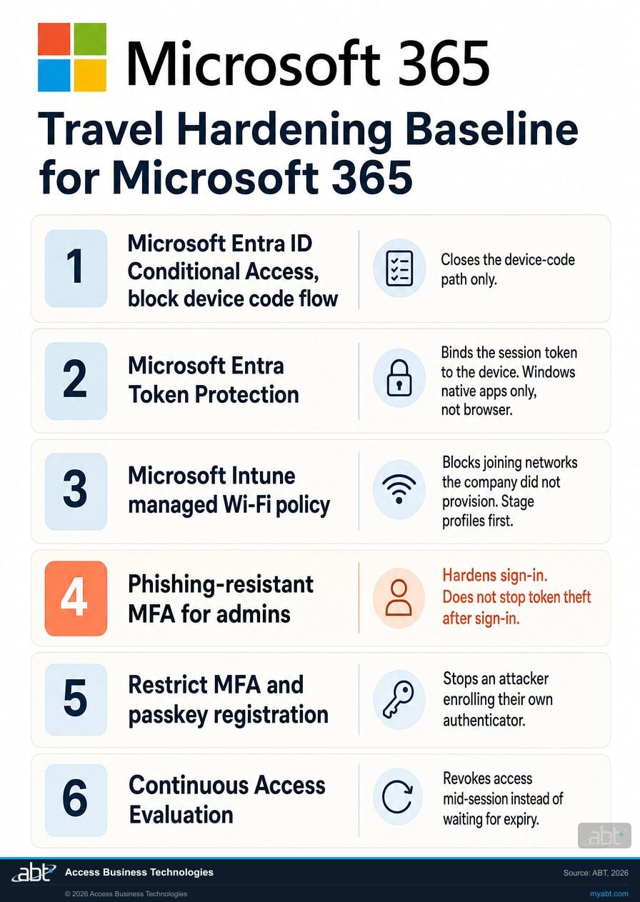 Microsoft 365 travel hardening control checklist showing Entra ID Conditional Access device code blocking, Token Protection, Intune managed Wi-Fi policy, phishing-resistant MFA, and Continuous Access Evaluation