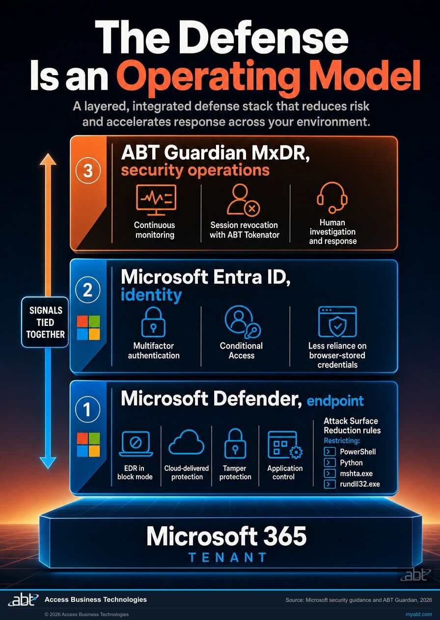Layered defense stack showing Microsoft Defender endpoint controls, Microsoft Entra ID identity controls, and the ABT Guardian MxDR security operations layer over a Microsoft 365 tenant