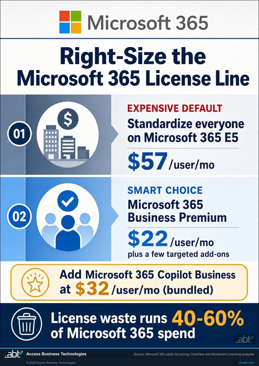 Infographic comparing Microsoft 365 license tiers for a financial institution: standardizing everyone on Microsoft 365 E5 at $57 per user per month versus Microsoft 365 Business Premium at $22 per user per month plus targeted add-ons, with Microsoft 365 Copilot Business bundled at $32 per user per month, noting license waste runs 40 to 60 percent of Microsoft 365 spend