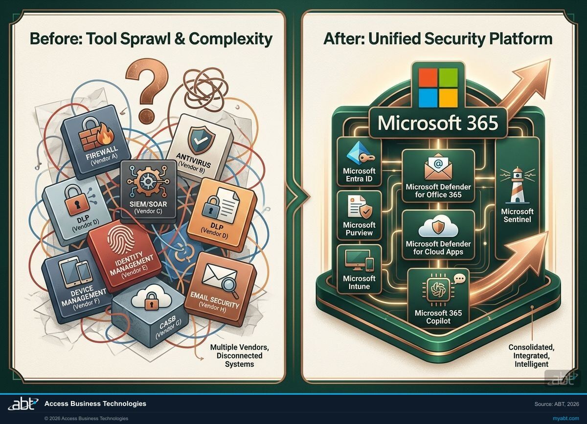 Microsoft 365 security platform consolidation infographic showing Defender, Sentinel, Purview, and Entra replacing a fragmented stack of 12 point products