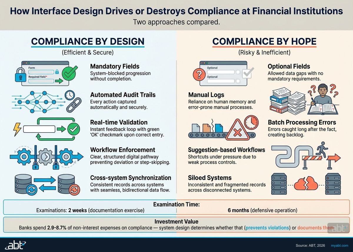 How interface design drives compliance showing the difference between compliance-by-design and compliance-by-hope approaches across data validation, workflow enforcement, audit trails, and cross-system consistency