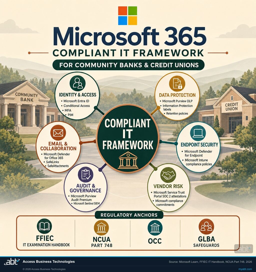 Compliant IT Framework on Microsoft 365 for community banks and credit unions: six control domains including Identity and Access via Microsoft Entra ID, Data Protection via Microsoft Purview, Endpoint Security via Microsoft Defender for Endpoint and Microsoft Intune, Email and Collaboration via Microsoft Defender for Office 365, Audit and Governance via Microsoft Purview Audit Premium and Microsoft Sentinel, Vendor Risk via Microsoft Service Trust Portal. Anchored to FFIEC IT Examination Handbook, NCUA Part 748, OCC, GLBA Safeguards.