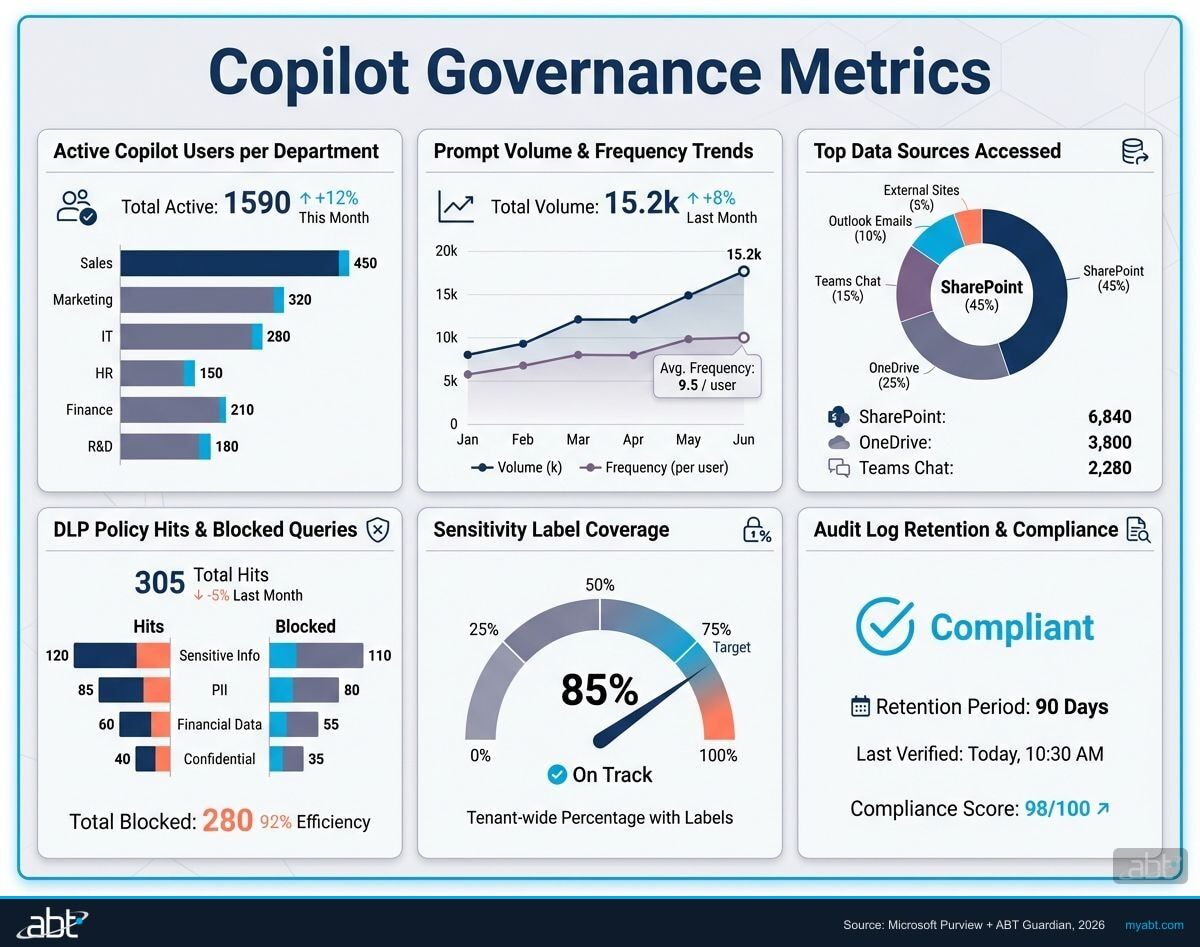 Copilot governance dashboard showing six key metrics including active users per department, prompt volume trends, top data sources accessed, DLP policy hits, sensitivity label coverage, and audit log retention status