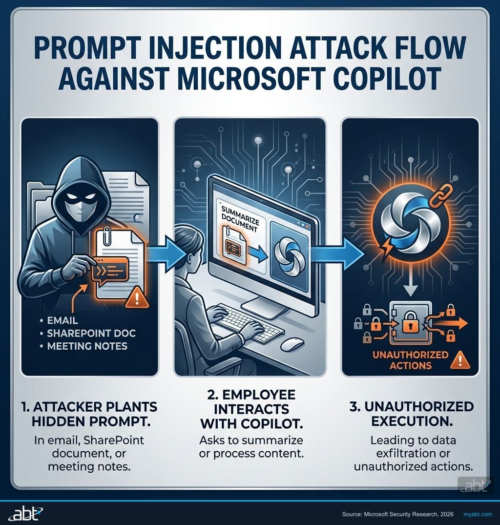 Copilot prompt injection attack flow showing how a hidden prompt in an email or shared document reaches Copilot and causes unauthorized data exfiltration through legitimate Copilot interactions