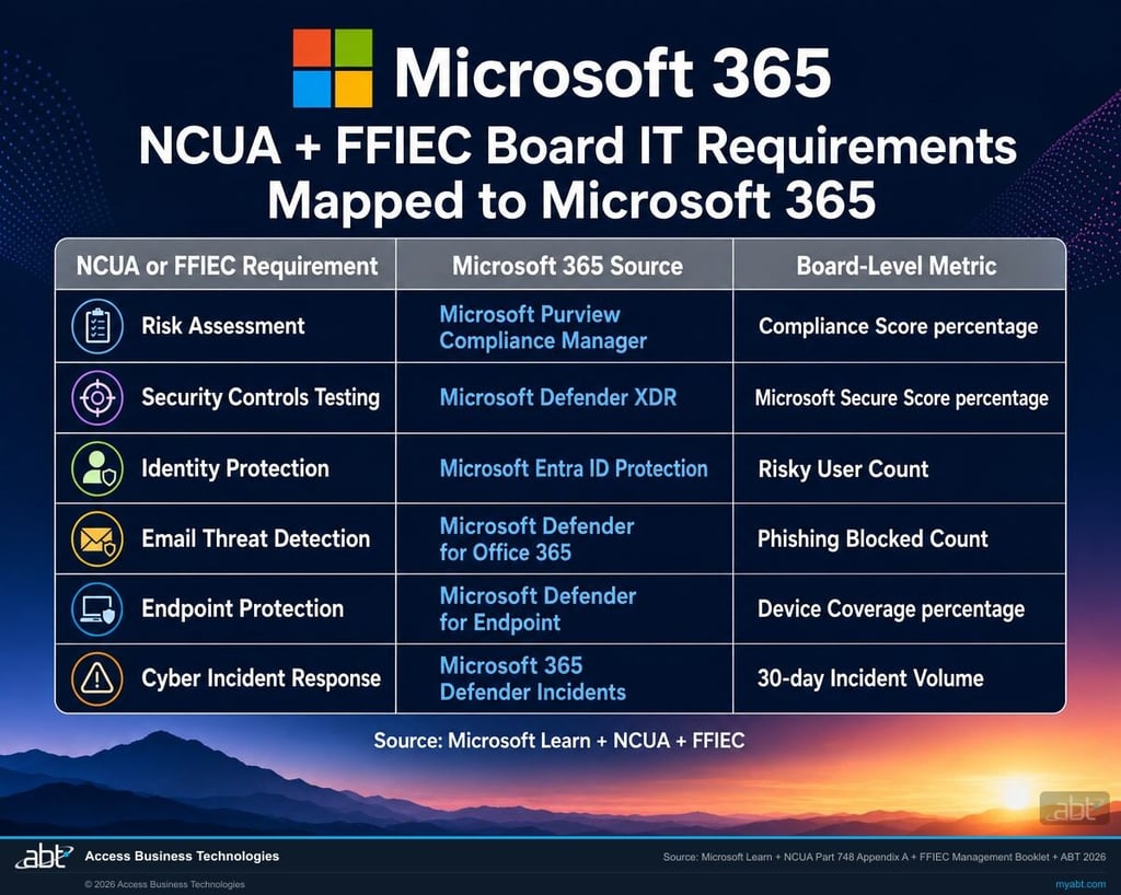 Infographic mapping NCUA Part 748 Appendix A and FFIEC Management Booklet board reporting requirements to specific Microsoft 365 Defender, Purview, and Entra ID data sources that feed each section of the annual board IT report