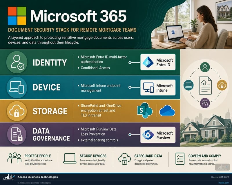 Microsoft 365 layered document security stack for remote mortgage teams showing Microsoft Entra ID multi-factor authentication, Microsoft Intune device management, SharePoint and OneDrive encryption at rest, and Microsoft Purview Data Loss Prevention, with the Microsoft 4-square logo