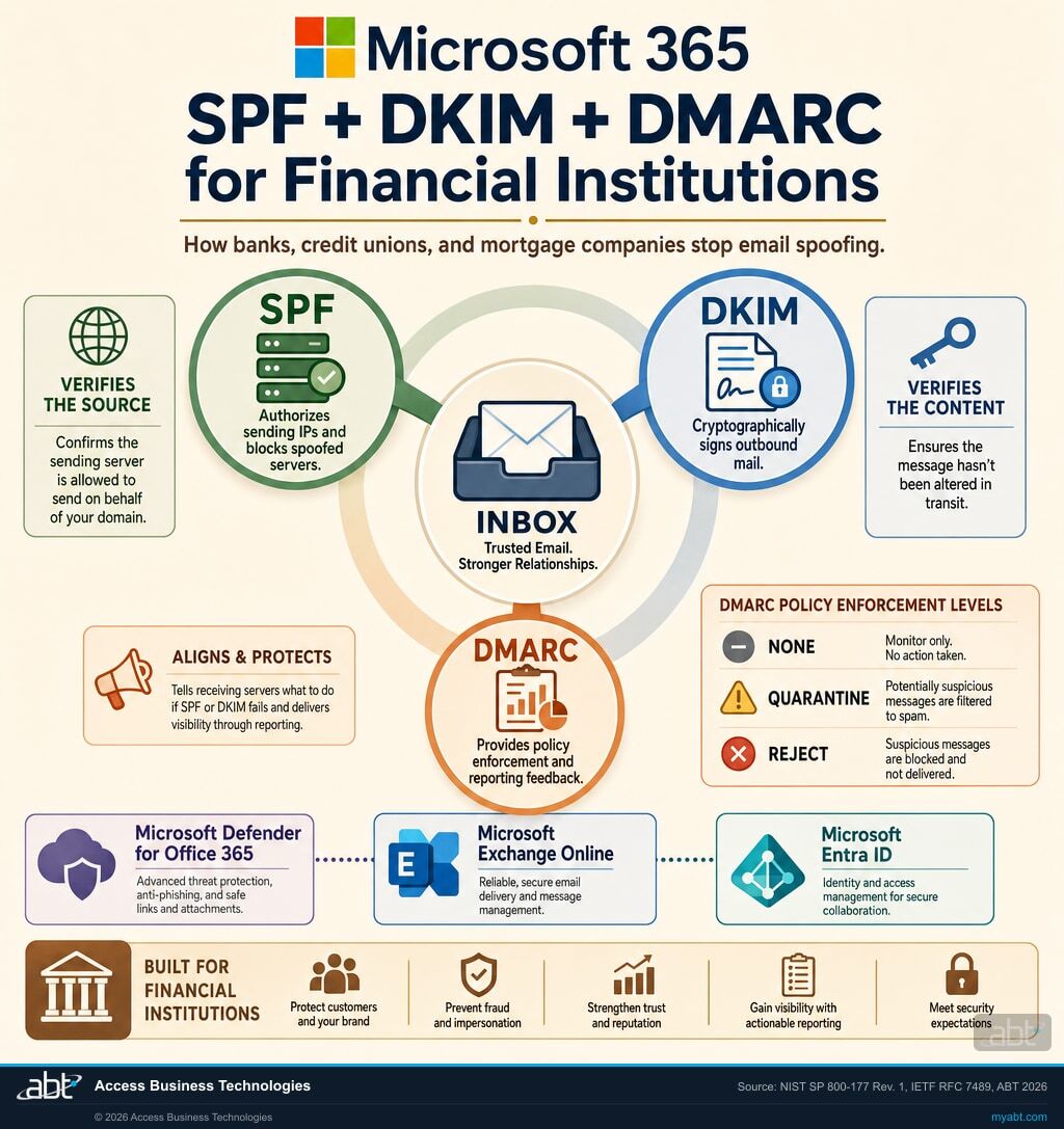 SPF, DKIM, and DMARC for financial institutions: how banks, credit unions, and mortgage companies stop email spoofing. SPF authorizes sending IPs, DKIM cryptographically signs outbound mail, DMARC enforces policy with reporting. Microsoft Defender for Office 365, Exchange Online, and Entra ID enforce these checks.