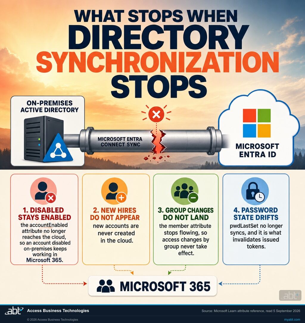 Diagram showing the Microsoft Entra Connect Sync pipeline broken between on-premises Active Directory and Microsoft Entra ID, with four consequences: disabled accounts stay enabled, new hires do not appear, group changes do not land, and password state drifts