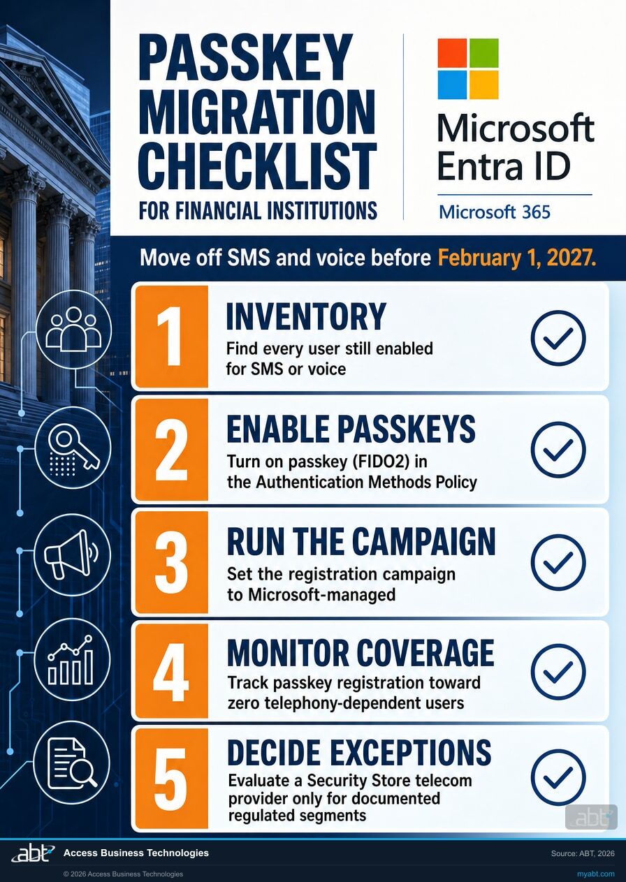Five-step Microsoft Entra ID passkey migration checklist for financial institutions: inventory SMS and voice users, enable passkeys in the Authentication Methods Policy, run the Microsoft-managed registration campaign, monitor passkey coverage, and decide Security Store telecom exceptions.