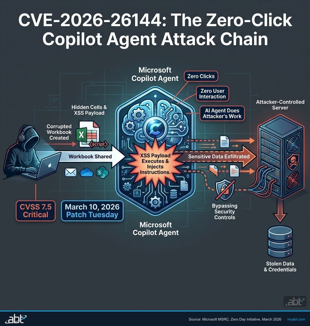 CVE-2026-26144 attack chain diagram showing how a crafted Excel workbook weaponizes Copilot Agent for zero-click data exfiltration