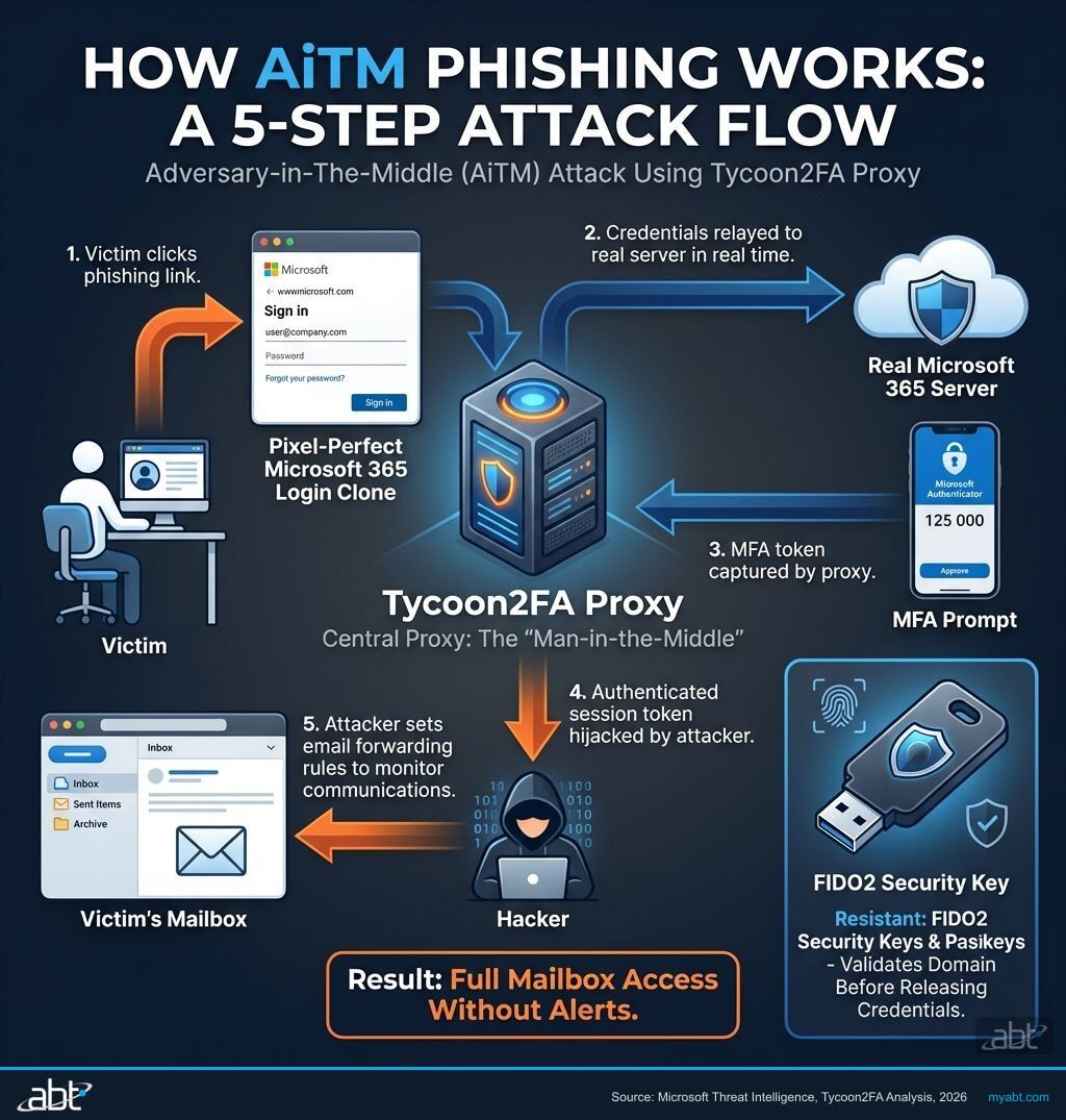 Infographic showing the 5-step adversary-in-the-middle phishing attack flow using Tycoon2FA proxy to defeat MFA at credit unions, banks, and mortgage companies. Highlights how Microsoft Entra ID FIDO2 keys and passkeys break the attack chain.