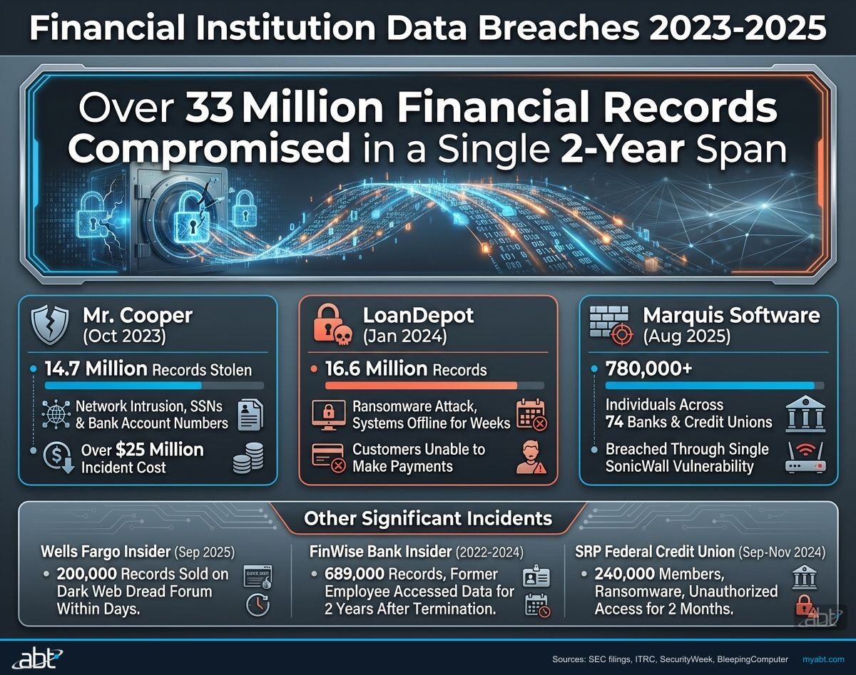 Financial institution data breaches 2023 to 2025 showing over 32 million records compromised across Mr. Cooper, LoanDepot, Marquis Software, Wells Fargo, FinWise Bank, and SRP Federal Credit Union