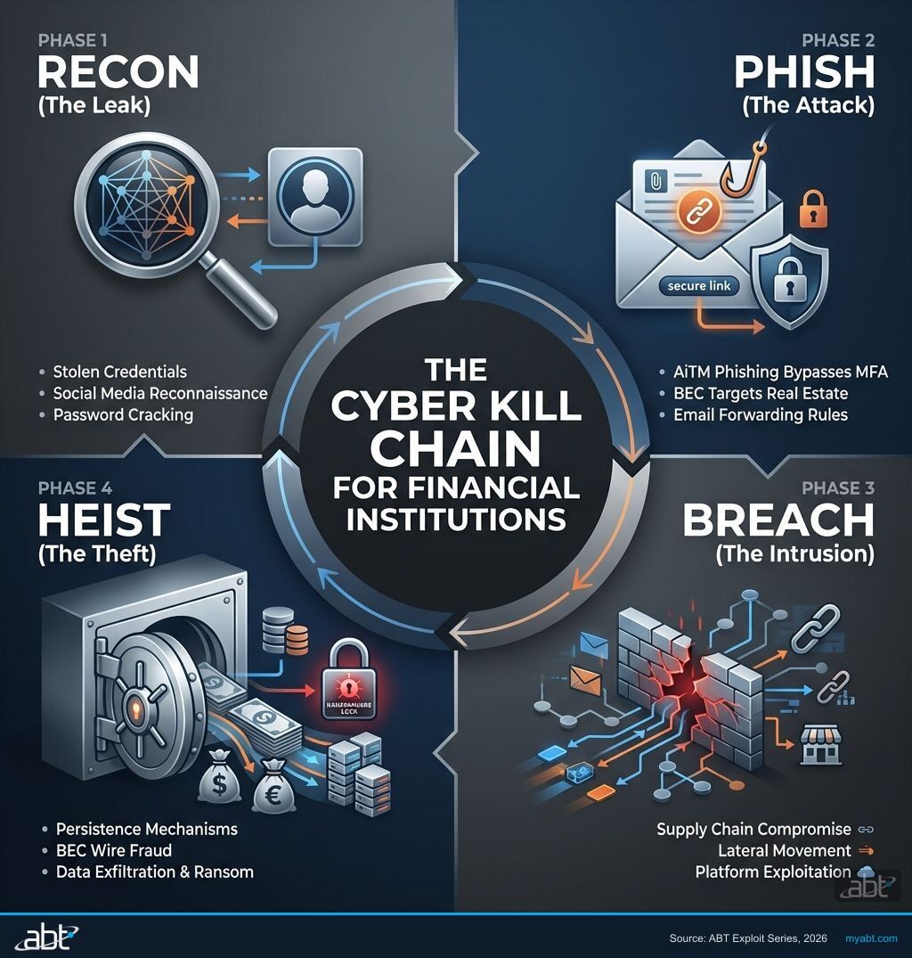 The cyber kill chain for financial institutions showing four phases Reconnaissance, Phishing, Breach, and Heist with Microsoft 365 Guardian controls that break each link including Entra ID Protection, Conditional Access, Defender, and Sentinel