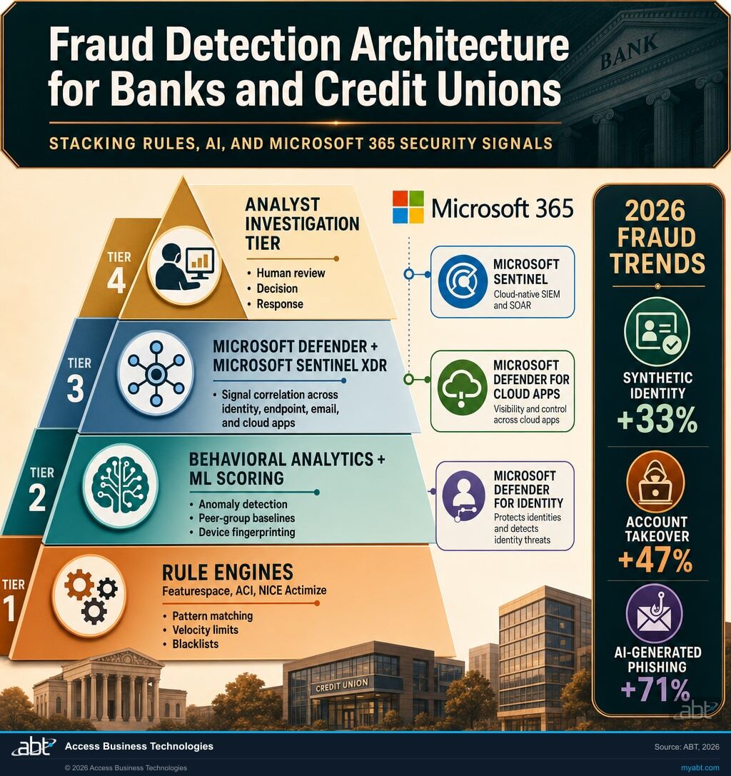 Layered Fraud Detection Stack for Financial Institutions: 4-tier pyramid showing rule engines at the base, behavioral analytics and ML scoring above, Microsoft Defender plus Microsoft Sentinel XDR correlation in the middle, and analyst investigation at the top. Microsoft 365 security signals integrated throughout