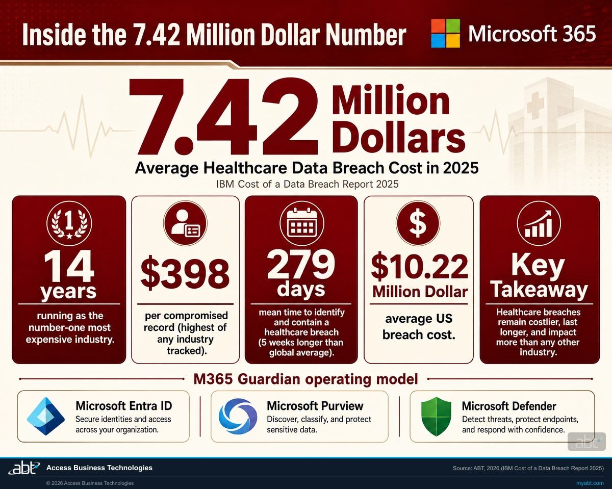 What is inside the $7.42 million healthcare breach number: $7.42M average healthcare breach cost in 2025 (IBM), 14 years as the number-one most expensive industry, $398 per compromised record (highest of any industry), 279 days mean time to identify and contain (5 weeks longer than global average), $10.22M US cross-industry average. Microsoft 365 and the M365 Guardian operating model.