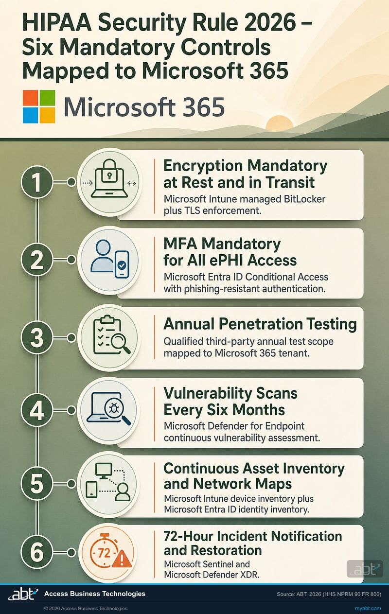 The six HIPAA Security Rule 2026 mandatory technical controls mapped to Microsoft 365 implementation: encryption at rest and in transit (Microsoft Intune BitLocker), MFA for all ePHI access (Microsoft Entra ID Conditional Access), annual penetration testing, vulnerability scans every six months (Microsoft Defender for Endpoint), continuous asset inventory and network maps (Microsoft Intune and Microsoft Entra ID), 72-hour incident notification and restoration (Microsoft Sentinel and Microsoft Defender XDR)