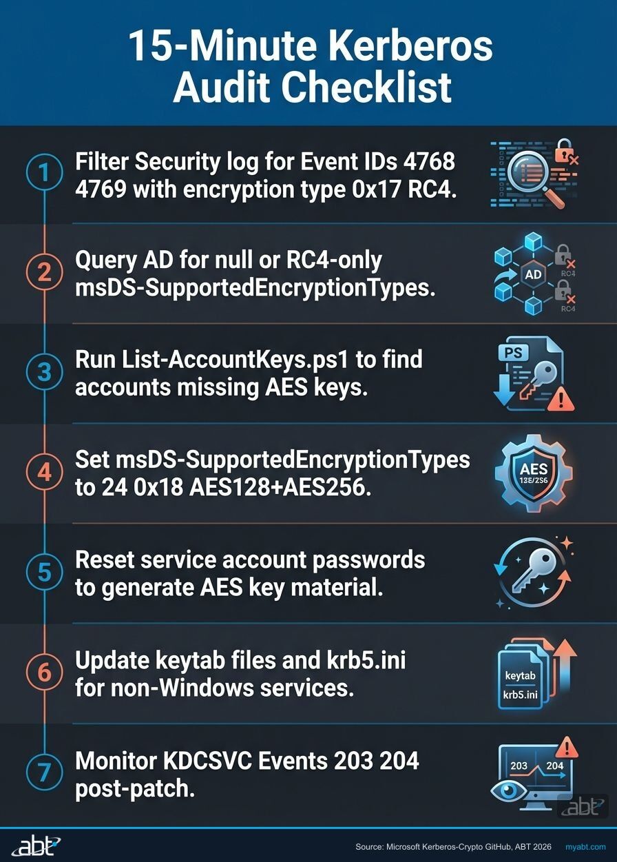 15-minute Kerberos audit checklist showing the seven remediation steps from Security event log filtering through password resets and keytab updates to post-patch monitoring of KDCSVC events 203 and 204
