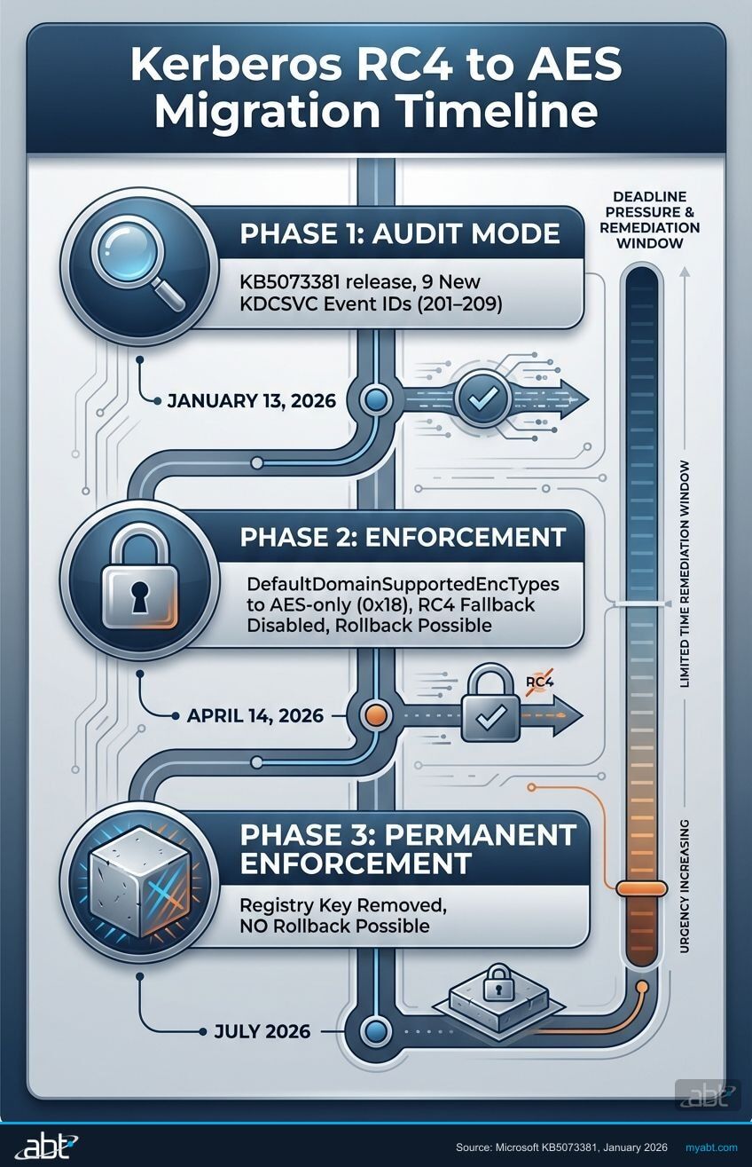 Three-phase Kerberos RC4 to AES migration timeline showing Phase 1 audit mode January 2026, Phase 2 enforcement with rollback April 2026, and Phase 3 permanent enforcement July 2026