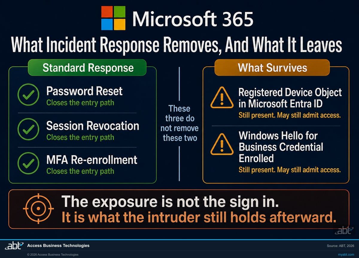 Diagram comparing a standard Microsoft 365 incident response of password reset, session revocation and MFA re-enrollment against the attacker persistence that survives it, a registered Microsoft Entra ID device and an enrolled Windows Hello for Business credential