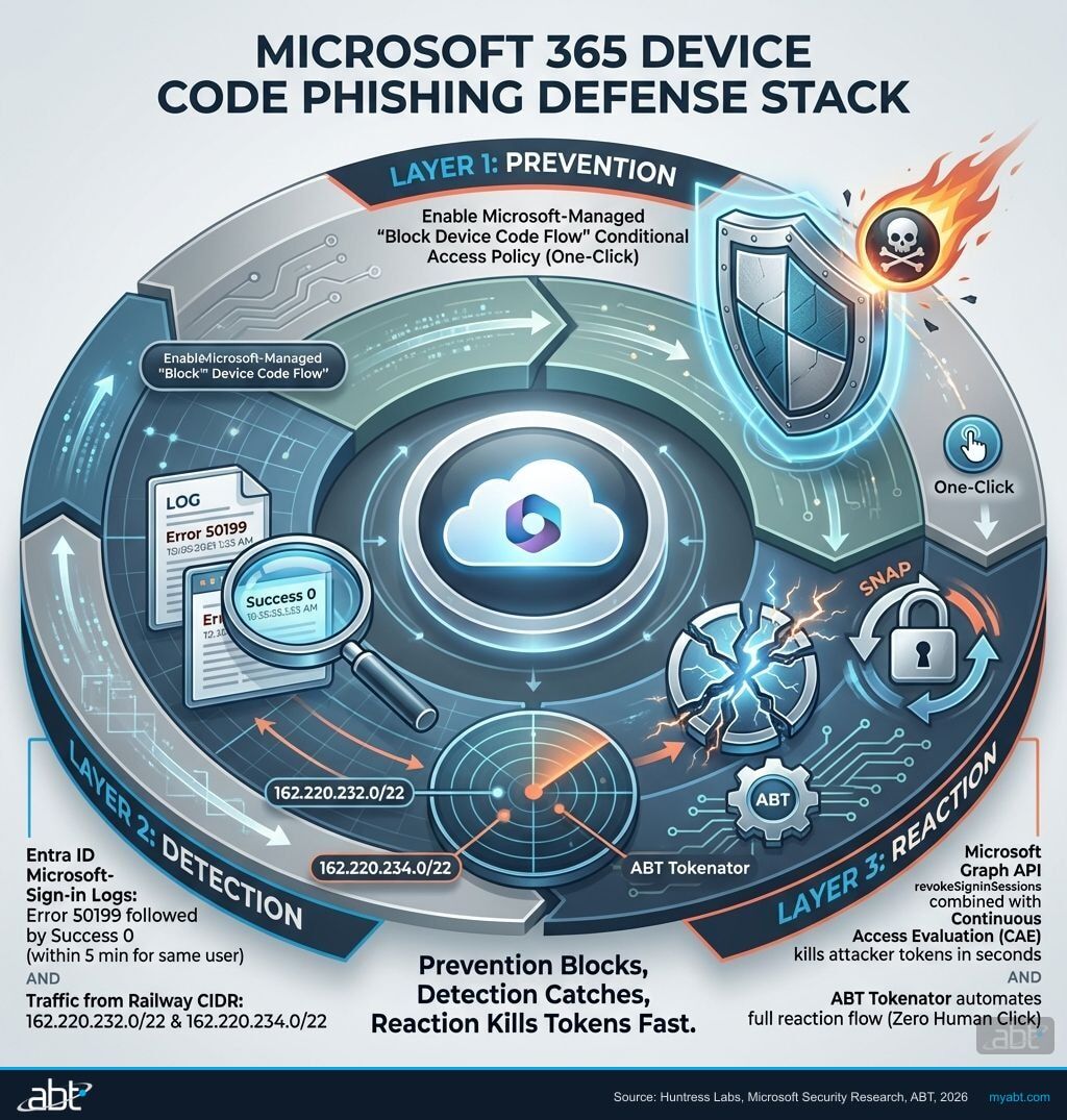 Three-layer defense infographic showing prevention (block device code flow via managed Conditional Access policy), detection (error 50199 then 0 pattern, Railway CIDR IP ranges, session anomalies), and reaction (Microsoft Graph revokeSignInSessions plus Continuous Access Evaluation plus Tokenator automation) as a stacked defensive architecture