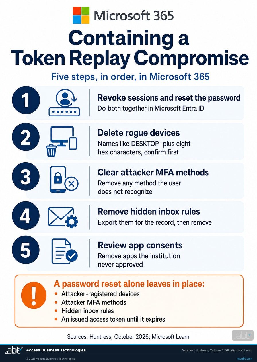 Microsoft 365 infographic of the five containment steps for a token replay compromise, in order: revoke sessions and reset the password, delete rogue devices, clear attacker MFA methods, remove hidden inbox rules, and review app consents, with a reminder that a password reset alone leaves attacker devices, MFA methods, inbox rules, and an issued access token in place