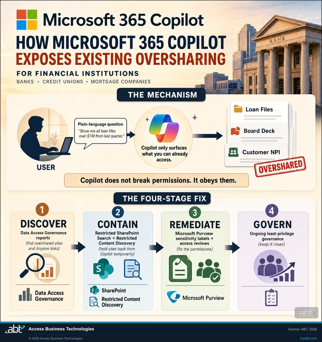 How Microsoft 365 Copilot exposes existing oversharing: Copilot inherits the signed-in user's existing permissions and only surfaces content the user can already access, so pre-existing oversharing in SharePoint, OneDrive, and Teams becomes instantly discoverable through plain-language questions. The fix is a four-stage path: Discover overshared sites with Data Access Governance reports, Contain them with Restricted SharePoint Search and Restricted Content Discovery, Remediate permissions with Microsoft Purview sensitivity labels and access reviews, then Govern on an ongoing basis. Microsoft 365 branding with the four-square logo.