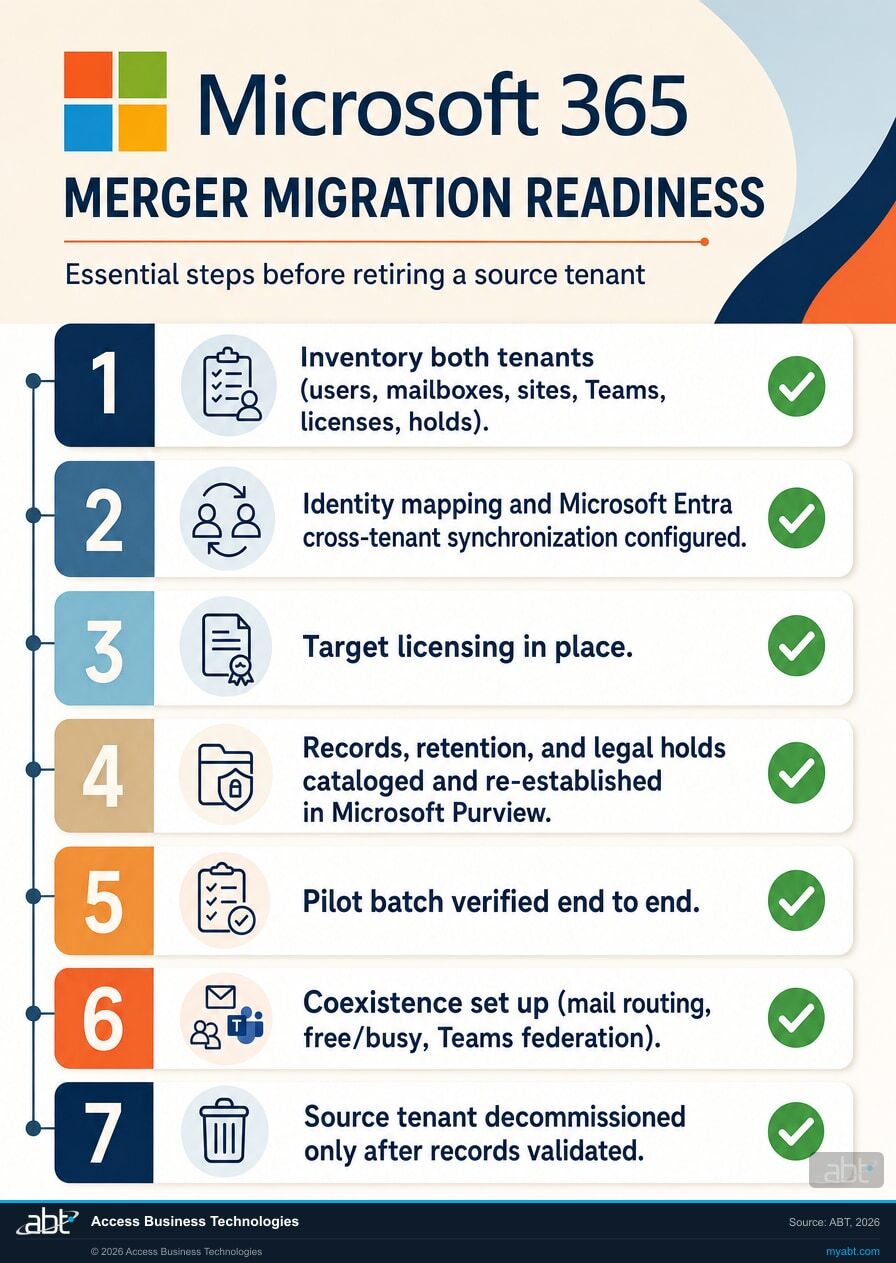 Merger tenant-consolidation readiness checklist covering identity mapping, Microsoft Entra sync, licensing, records and legal holds, pilot batch, coexistence, and source decommission